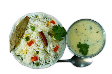Indian Gujarati food vegetable pulav rice or pulao, pilaf, biryani rice with kadhi (made with tempering yogurt) garnish with coriander leaves, bay leaf, spice, cutout in transparent background, png 