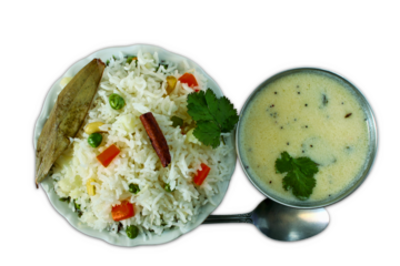 Indian Gujarati food vegetable pulav rice or pulao, pilaf, biryani rice with kadhi (made with tempering yogurt) garnish with coriander leaves, bay leaf, spice, cutout in transparent background, png 