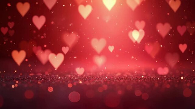 A shimmering romantic background filled with floating hearts in various shades of red and pink. Saint Valentine, Love concept