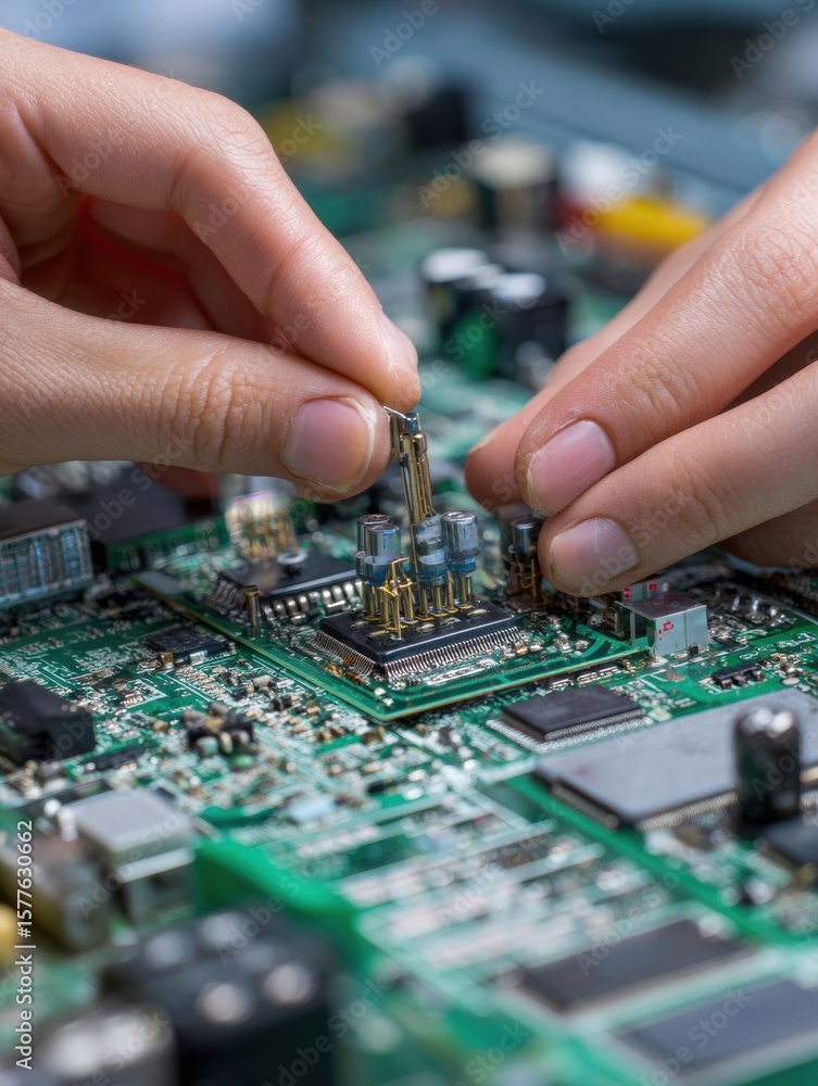 Poster hands engaged in detailed repair work on a circuit board with precision tools in a workshop setting,