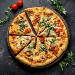 Delicious Italian pizza with salami, tomatoes, and melted mozzarella cheese, perfectly baked on a wooden board for a tasty dinner or lunch