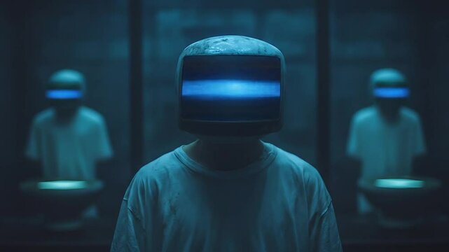 Futuristic people with monitor heads in a dark corridor social commentary on technology.