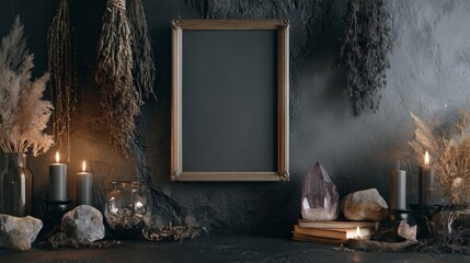 blank hanging on a dark stone or weathered plaster wall, surrounded by witchy decor such as dried herbs, black candles, antique books, and crystal clusters, soft moody lighting with subtle shadows