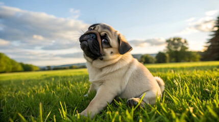 Fototapeta premium Cute young pug dog with tilted head sitting on fresh green grass in a sunlit outdoor field during golden hour.