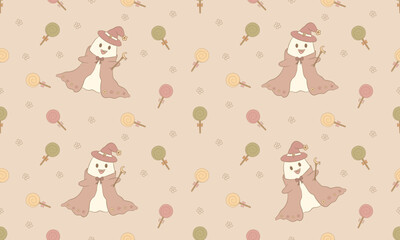 Cute Witch Ghost and Candy Halloween Seamless Pattern in Beige Pastel