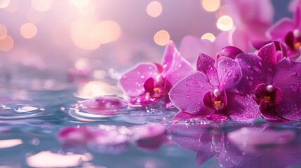 A serene water scene with pink orchids and water droplets, creating a tranquil and elegant atmosphere.