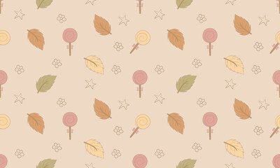 Autumn Leaves and Halloween Candies Seamless Pattern in Beige