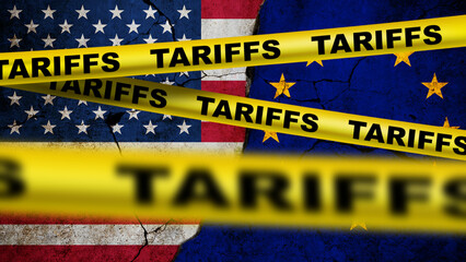 Flags of the USA and European Union separated by yellow tape marked 