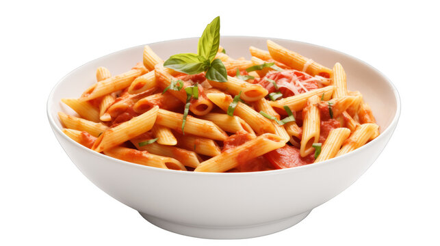 Delightful penne pasta with tomato sauce and basil in a white bowl provides a tasteful culinary presentation on a transparent background.