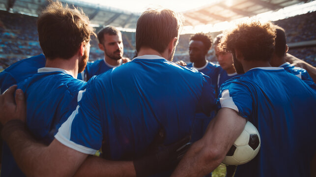 A soccer team in blue jerseys having a serious discussion on the field, teamwork, strategy planning, focused players, outdoor sports, teamwork and coordination.