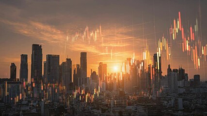 Cityscape at Dusk: Financial Market Overlay - A dynamic urban skyline reflecting financial activity, seen through an overlay of market trading data. - Powered by Adobe