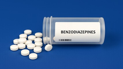  Box of benzodiazepines tranquilizer tablets placed on medical counter in hospital pharmacy-Benzodiazepine