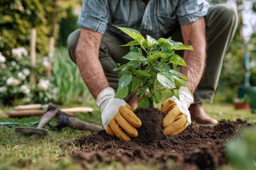 Fototapeta premium A calm moment as a man plants a pothos plant into fresh garden soil by hand, crouching in casual gardening clothes, tools like gloves and trowel around him, with bright daylight and greenery