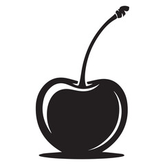 Simple black silhouette of a single cherry with a stem and a subtle shadow on a white background