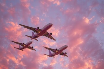 Obraz premium Three Aircrafts Flying Through a Pink-Tinged Sky at Dusk During a Serene Evening