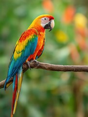 Fototapeta premium Colorful Parrot Perched on a Tropical Branch Amidst a Vibrant Jungle Backdrop Inviting Nature Enthusiasts and Bird Watchers