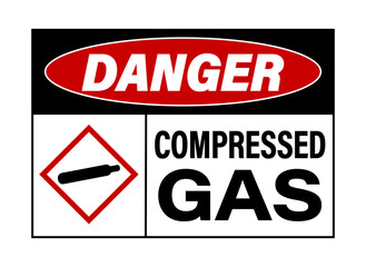 Danger, compressed gas. OSHA warning sign with gas cylinder in red diamond sign and text on the right. 