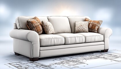 Modern sofa on architectural blueprints