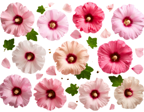 Top-Down Flat Lay of Hollyhock Flowers and Loose Petals in Soft Botanical Pattern, Transparent Background
