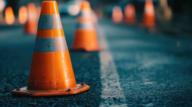 Orange traffic cones on a road with a white line.