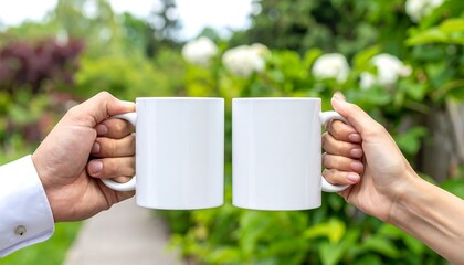 Two white mugs held by hands in a garden