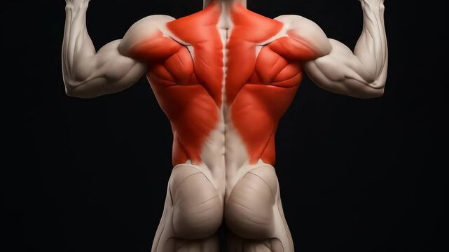 3D anatomical render of a male athlete performing a pull-up, showing activated back muscles in red, including latissimus dorsi, trapezius, and rhomboids. Educational fitness visualization