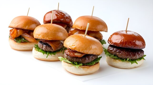 Set of six gourmet mini burgers with beef patties, lettuce, cheese, and glazed buns, arranged in rows on a clean white background, perfect for food concepts and advertising. - Powered by Adobe