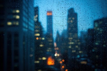 Fototapeta premium City view through rain-streaked glass, blurring lights, buildings, at dusk