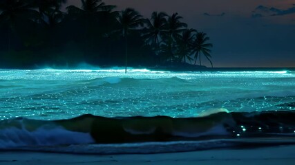 Glowing ocean waves at tropical beach. Bioluminescence lights water surface at night. Blue shimmer across sea, tropical ocean glow at coastline, bioluminescence in ocean light night. - Powered by Adobe