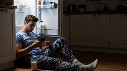 Man in pajamas sits on the floor by an open fridge at night, using his smartphone, a scene about loneliness, eating disorders, or late-night digital addiction