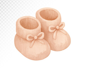 Watercolor soft pink baby booties with delicate bows. Perfect for baby girl themes, baby shower invitations, nursery prints, and newborn fashion illustrations. Vector illustration.