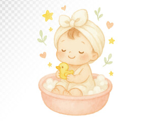 Watercolor illustration of a baby in a towel bath with a rubber duck. Perfect for bath time illustrations, newborn care visuals, and baby hygiene products. Vector illustration.