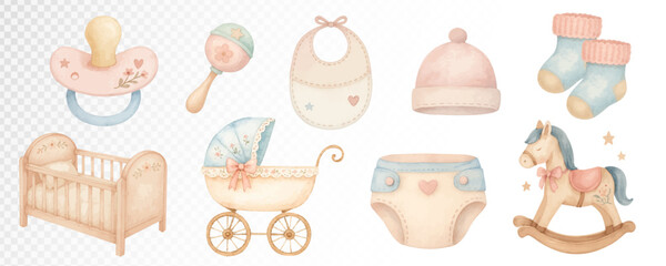 Watercolor collection of baby elements including pacifier, bottle, stroller, rattle, crib, booties, hat and rocking horse. Ideal for baby-themed compositions. Vector illustration.