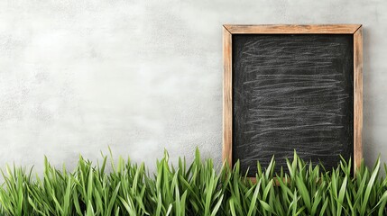 A blackboard with a wooden frame rests against a textured wall surrounded by lush green grass, creating a natural and rustic scene.