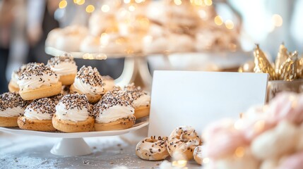 A delightful dessert display featuring a variety of pastries elegantly arranged on stands, creating an inviting and festive ambiance with soft lighting.