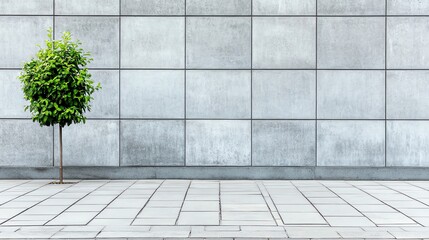 A lone green tree stands against a minimalist concrete wall, creating a striking contrast in an urban landscape. The orderly paving adds to the clean and modern aesthetic.