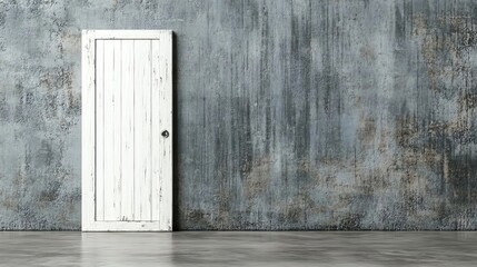 A rustic white wooden door set against a textured concrete wall