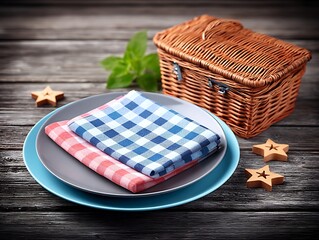 Picnic table setting with checkered napkins, plate, and basket