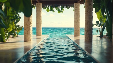 A serene pool under a thatched roof, framed by lush greenery, extends towards the horizon where the turquoise sea meets the sky, creating a tranquil tropical escape.