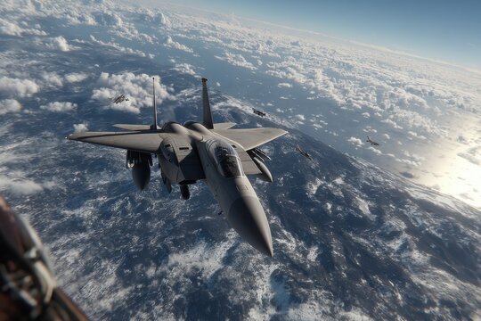 Squadron of Fighter Jets Engaged in a Mid-Air Maneuver Over Scenic Cloudy Landscape