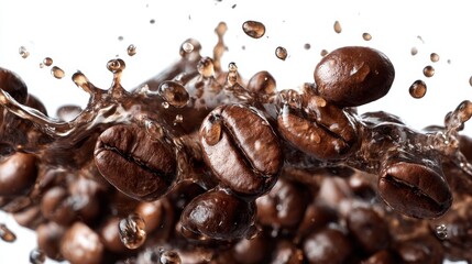 Obraz premium Coffee beans splash with water droplets on a white background