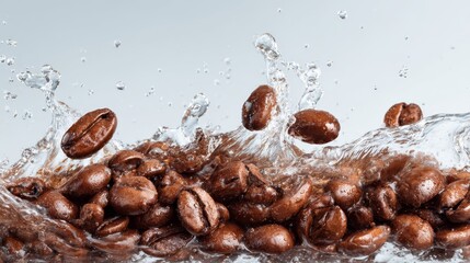 Obraz premium Coffee beans splash with water droplets on a white background