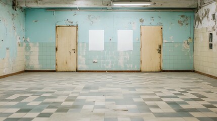 An empty, abandoned room with peeling paint and worn doors, evoking a sense of decay and history within its aged walls. The muted colors emphasize the passage of time.