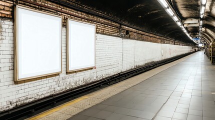 An empty underground subway station with blank advertising boards