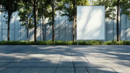An outdoor blank canvas stands against a backdrop of trees and a modern fence, capturing a serene and creative atmosphere perfect for design or inspiration concepts.