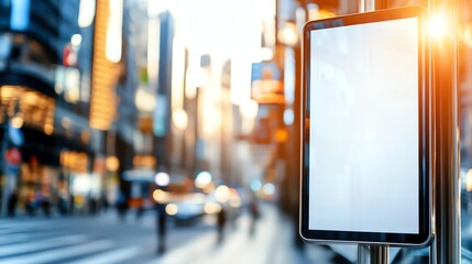 Blank digital billboard on city street in the evening, surrounded by motion-blurred pedestrian and traffic activity with a warm, glowing cityscape backdrop.