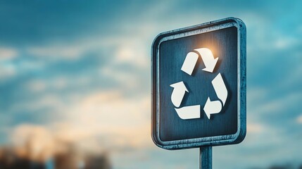 Close-up of a recycling sign against a cloudy sky backdrop, emphasizing sustainability and environmental awareness in urban landscapes.