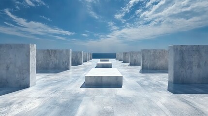 Minimalistic architectural design featuring a series of modern concrete structures under a vibrant blue sky. Geometric patterns create a sense of depth and harmony.