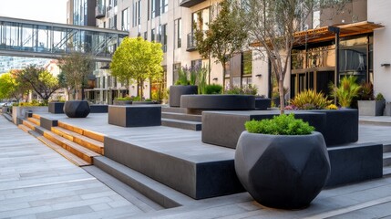 Obraz premium Concrete planters and steps enhance modern buildings, blending urban landscapes with sustainable design, outdoor decor, greenery, and architectural features to uplift city life and home aesthetics