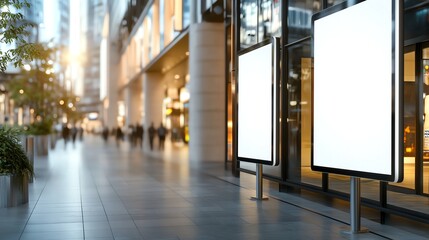 Modern urban shopping center with bright white advertisement displays lining a sleek, glass-fronted promenade, blending commerce and architecture seamlessly.